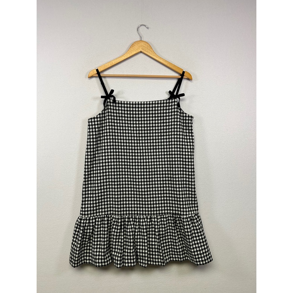 Coquette Dark Academia Mustard Seed Women Large Black White Gingham Ruffle Dress